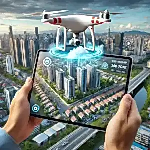 Bakı Video-Fabrika Tanıtımı-Tanıtım Filmi-Havadan Çekim-Drone Çekimi-Emlak Çekimi 88 Havadan çekim yapan bir drone ve bir tablette görüntülenen sanal tur arayüzü ile emlak tanıtımı